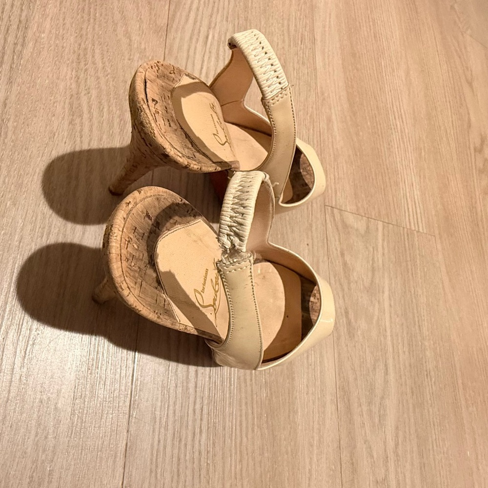 Christian Louboutin Cream Patent Slingback Cork Platform Heels - Picture 8 of 8